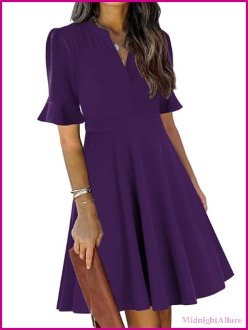 Women's V Neck Ruffle Sleeve Fit Flare Dress with Pockets
